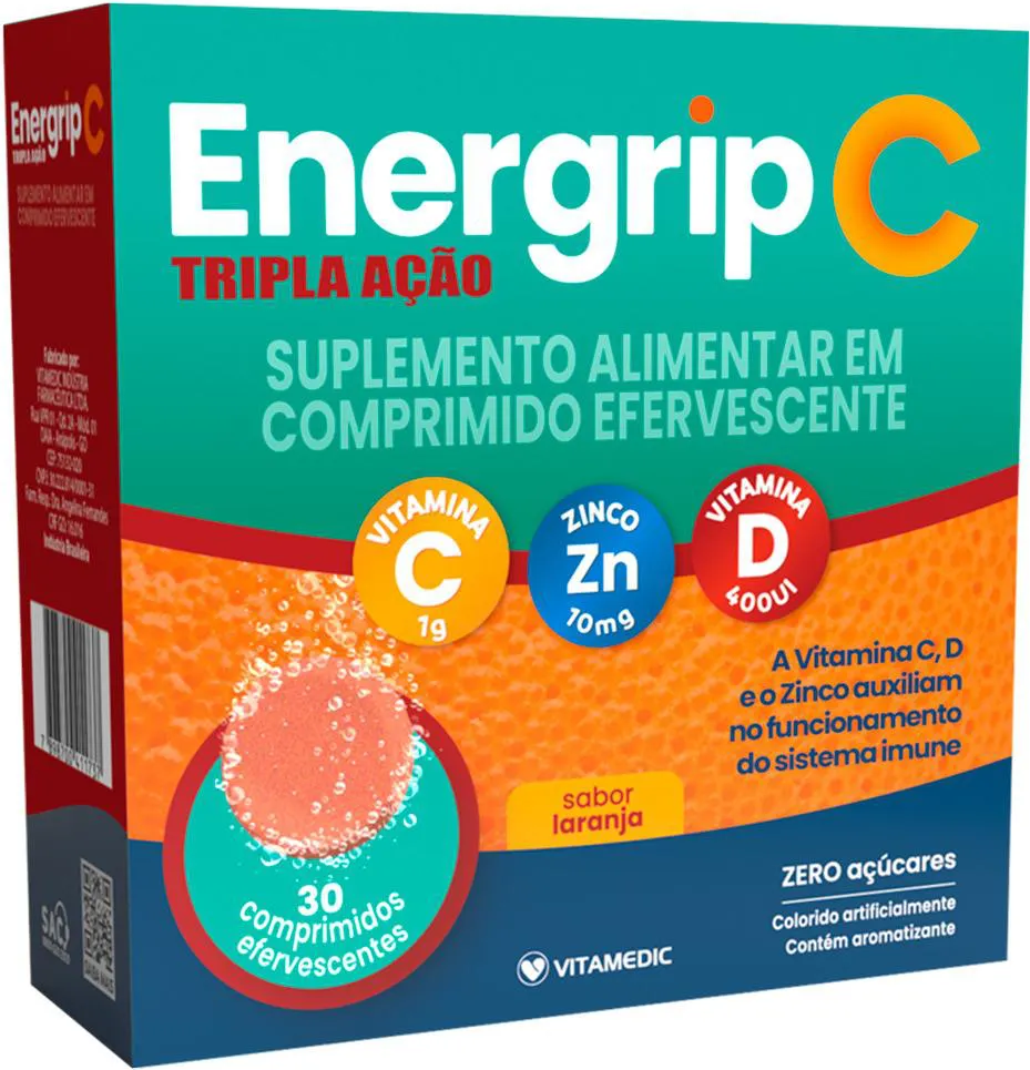 VITAMINA C +ZINCO + D400UI CX 30 COMP EFERV  - ENERGRIP C/ TRIPLA ACAO -  VITAME
